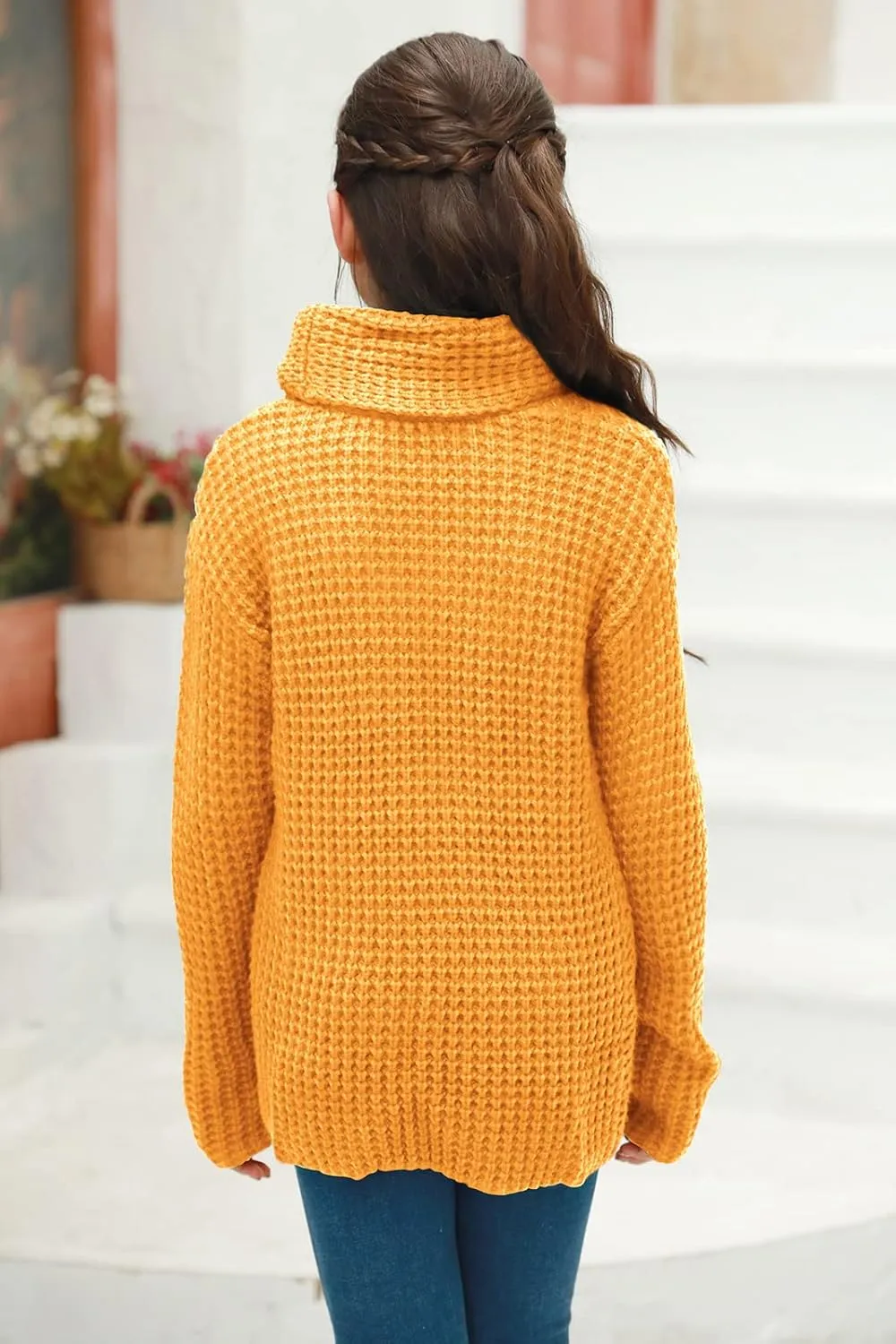 Haloumoning Girls Sweaters Button Turtle Cowl Neck Asymmetric Hem Wrap Pullover Sweaters for Girls