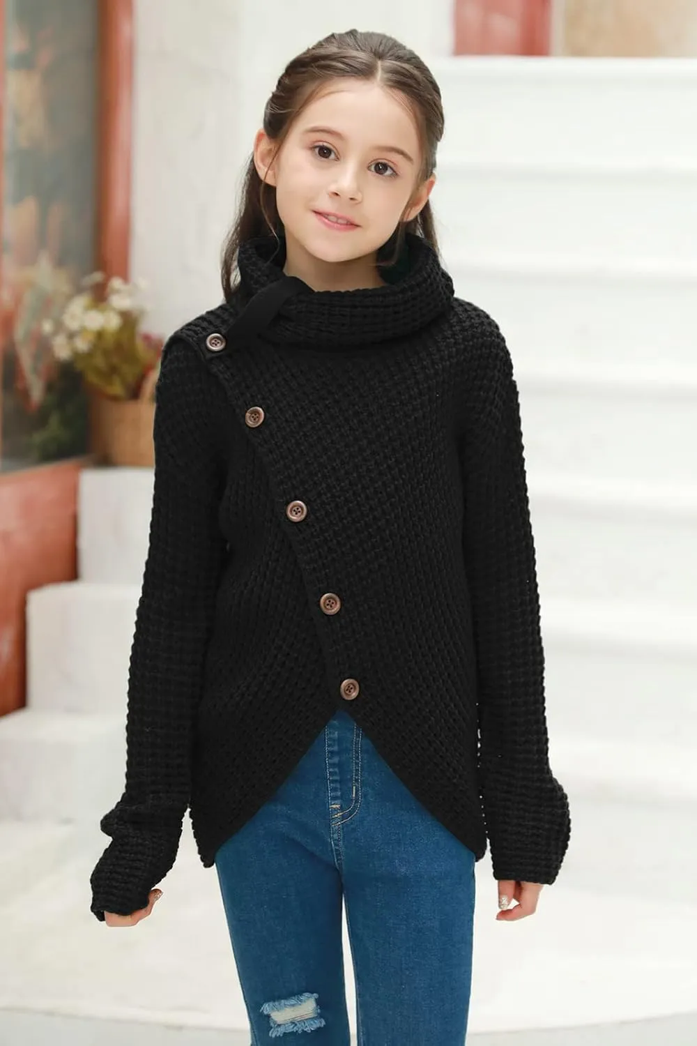 Haloumoning Girls Sweaters Button Turtle Cowl Neck Asymmetric Hem Wrap Pullover Sweaters for Girls