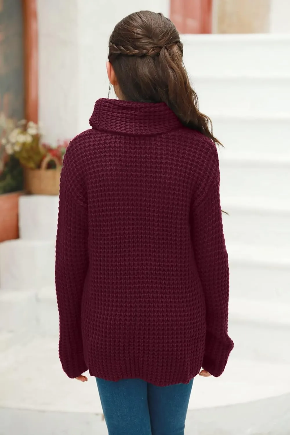 Haloumoning Girls Sweaters Button Turtle Cowl Neck Asymmetric Hem Wrap Pullover Sweaters for Girls
