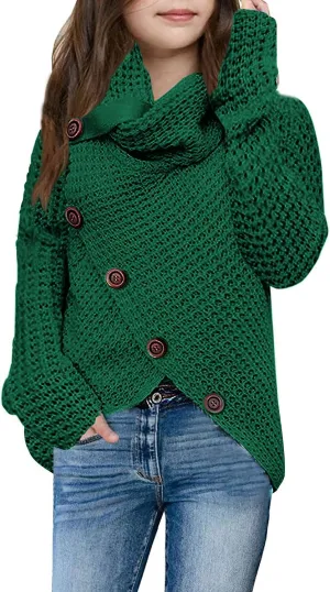 Haloumoning Girls Sweaters Button Turtle Cowl Neck Asymmetric Hem Wrap Pullover Sweaters for Girls
