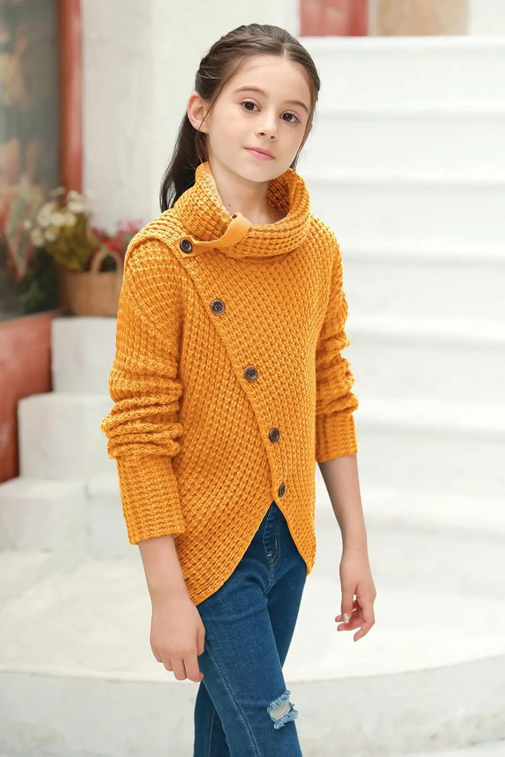 Haloumoning Girls Sweaters Button Turtle Cowl Neck Asymmetric Hem Wrap Pullover Sweaters for Girls