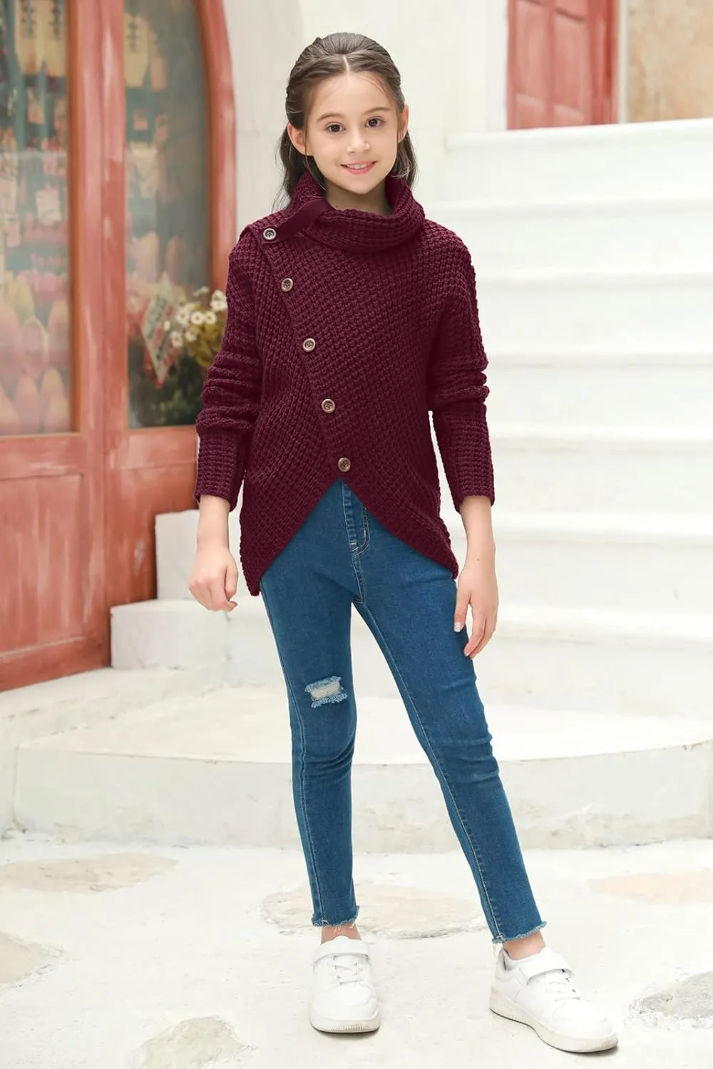 Haloumoning Girls Sweaters Button Turtle Cowl Neck Asymmetric Hem Wrap Pullover Sweaters for Girls