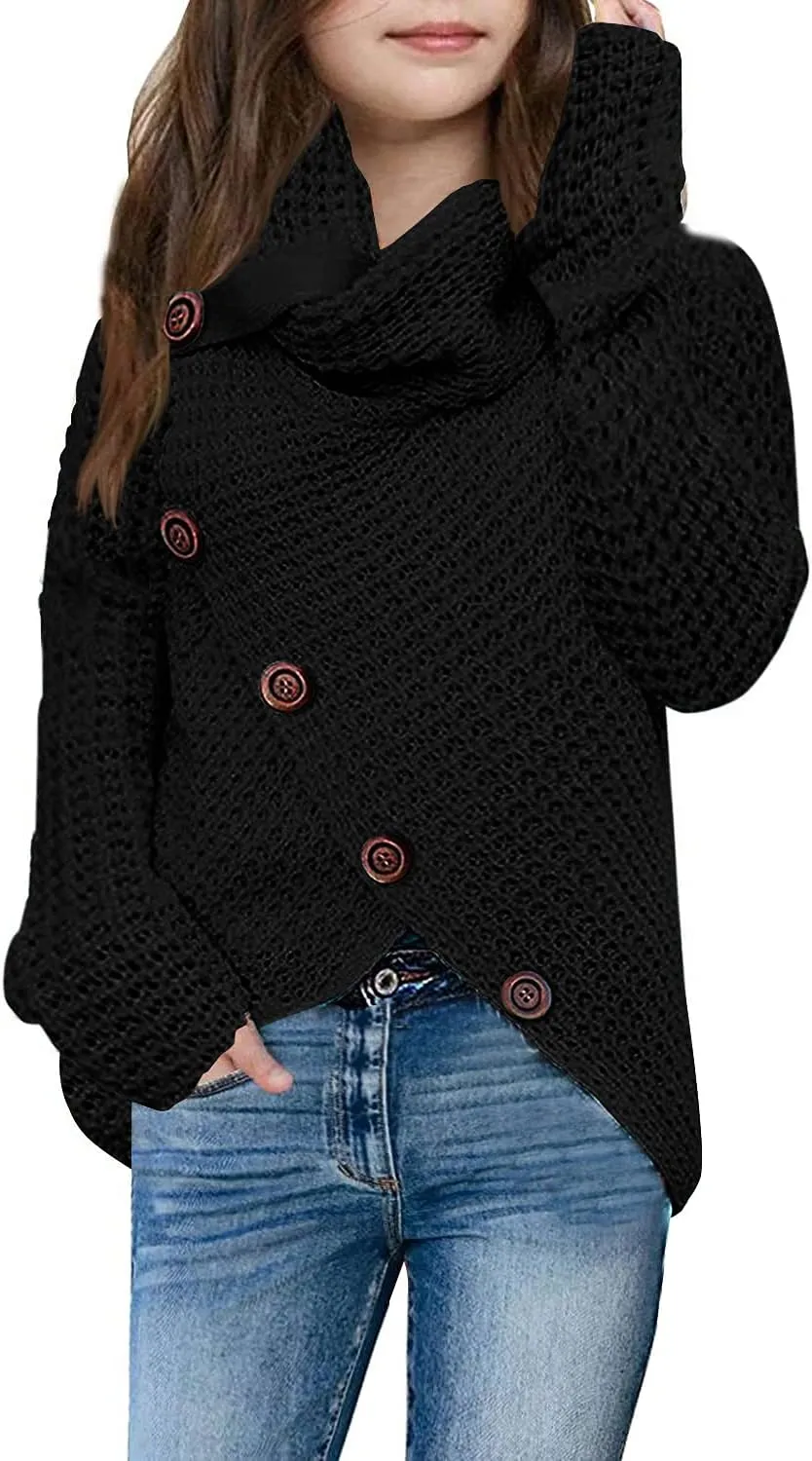 Haloumoning Girls Sweaters Button Turtle Cowl Neck Asymmetric Hem Wrap Pullover Sweaters for Girls