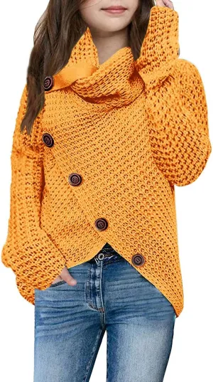 Haloumoning Girls Sweaters Button Turtle Cowl Neck Asymmetric Hem Wrap Pullover Sweaters for Girls
