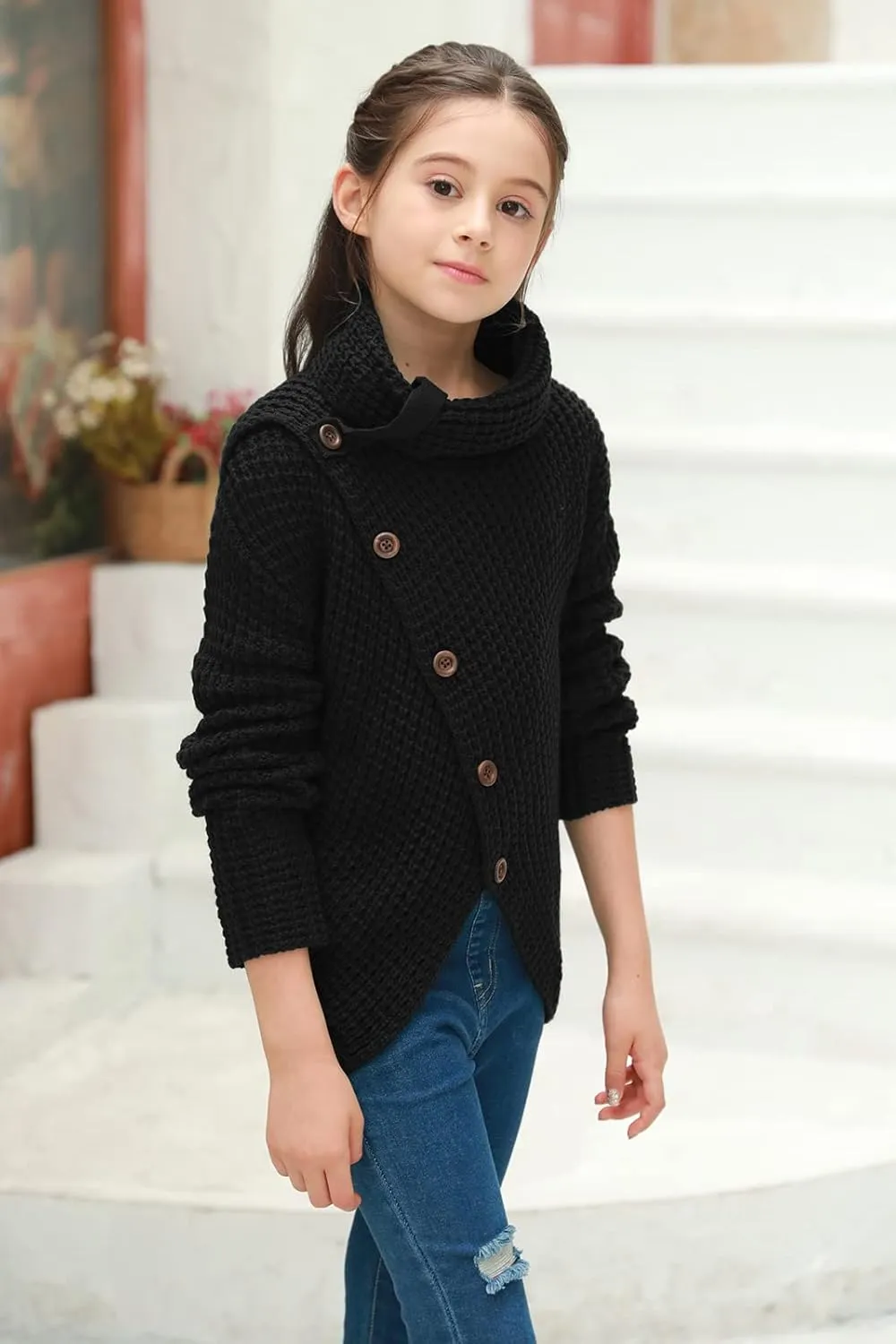 Haloumoning Girls Sweaters Button Turtle Cowl Neck Asymmetric Hem Wrap Pullover Sweaters for Girls