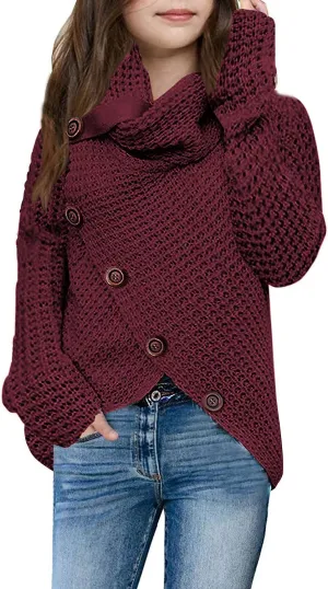 Haloumoning Girls Sweaters Button Turtle Cowl Neck Asymmetric Hem Wrap Pullover Sweaters for Girls