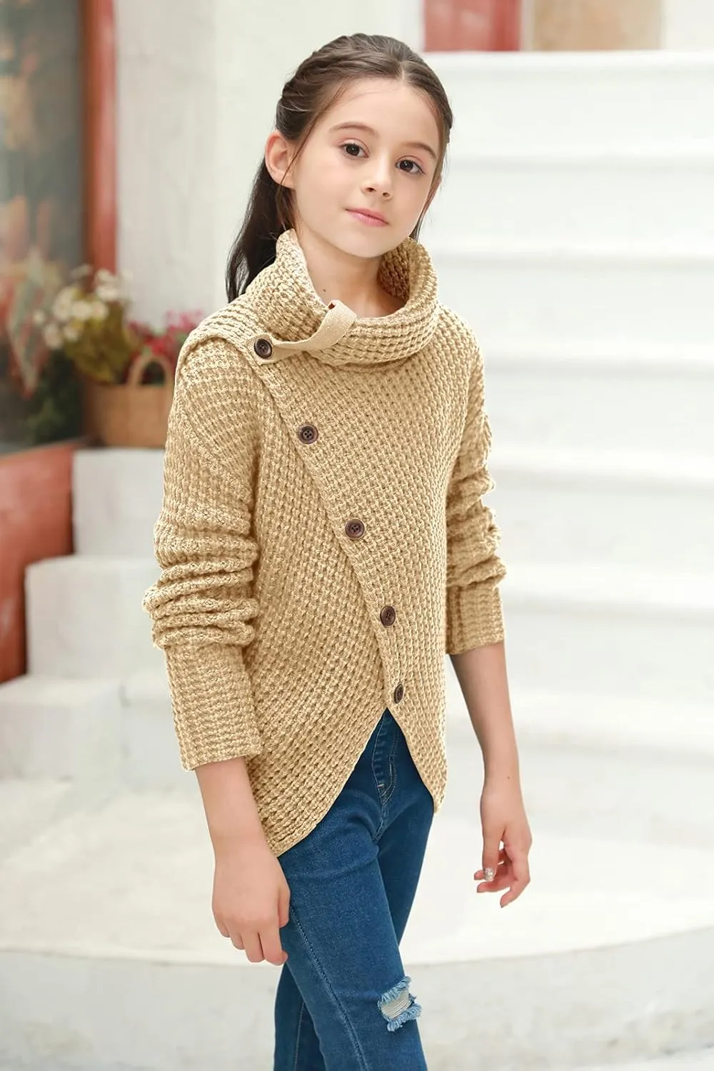 Haloumoning Girls Sweaters Button Turtle Cowl Neck Asymmetric Hem Wrap Pullover Sweaters for Girls