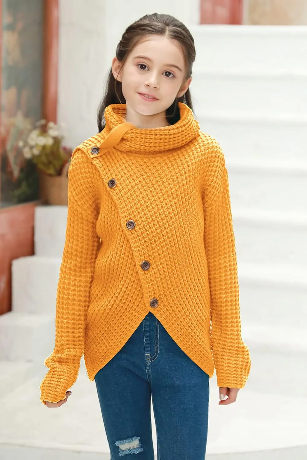Haloumoning Girls Sweaters Button Turtle Cowl Neck Asymmetric Hem Wrap Pullover Sweaters for Girls