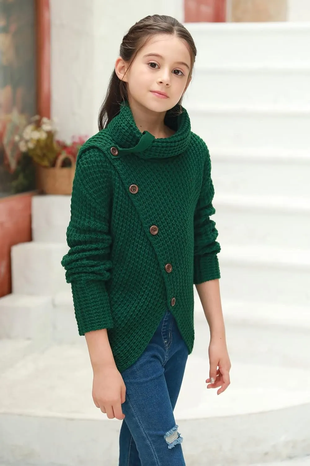 Haloumoning Girls Sweaters Button Turtle Cowl Neck Asymmetric Hem Wrap Pullover Sweaters for Girls