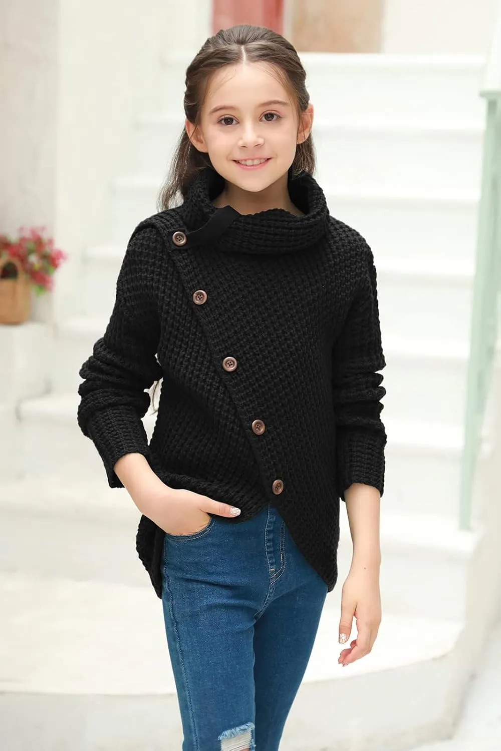 Haloumoning Girls Sweaters Button Turtle Cowl Neck Asymmetric Hem Wrap Pullover Sweaters for Girls