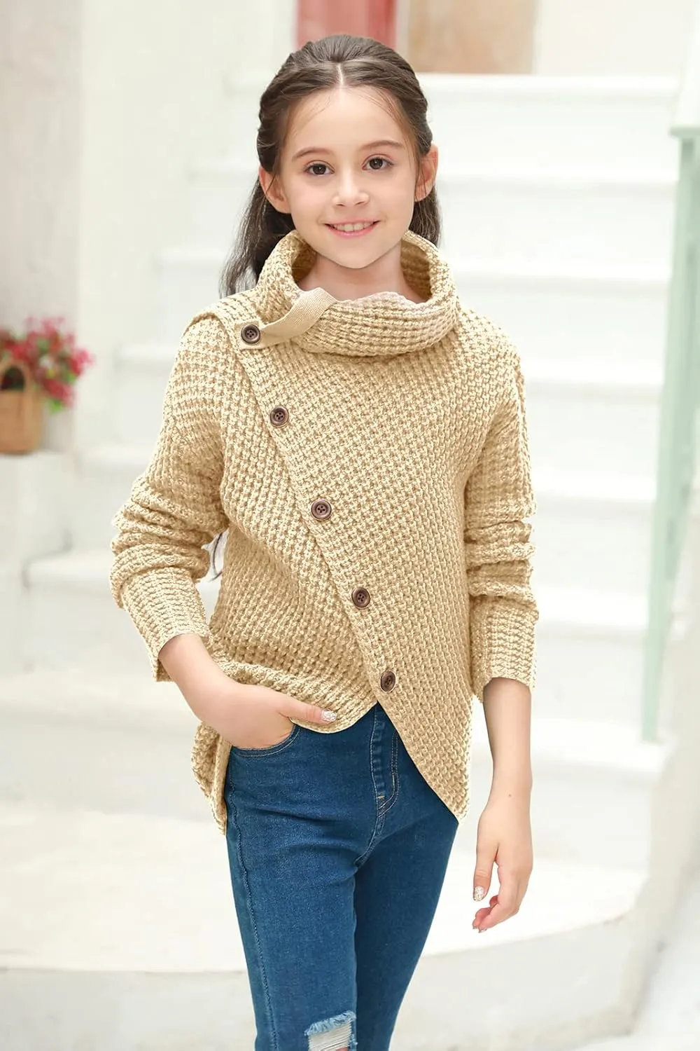 Haloumoning Girls Sweaters Button Turtle Cowl Neck Asymmetric Hem Wrap Pullover Sweaters for Girls