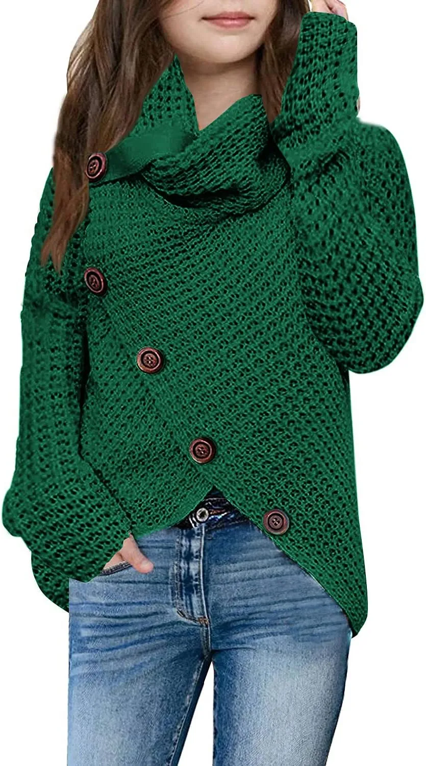 Haloumoning Girls Sweaters Button Turtle Cowl Neck Asymmetric Hem Wrap Pullover Sweaters for Girls