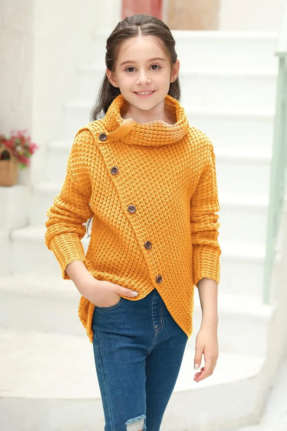 Haloumoning Girls Sweaters Button Turtle Cowl Neck Asymmetric Hem Wrap Pullover Sweaters for Girls