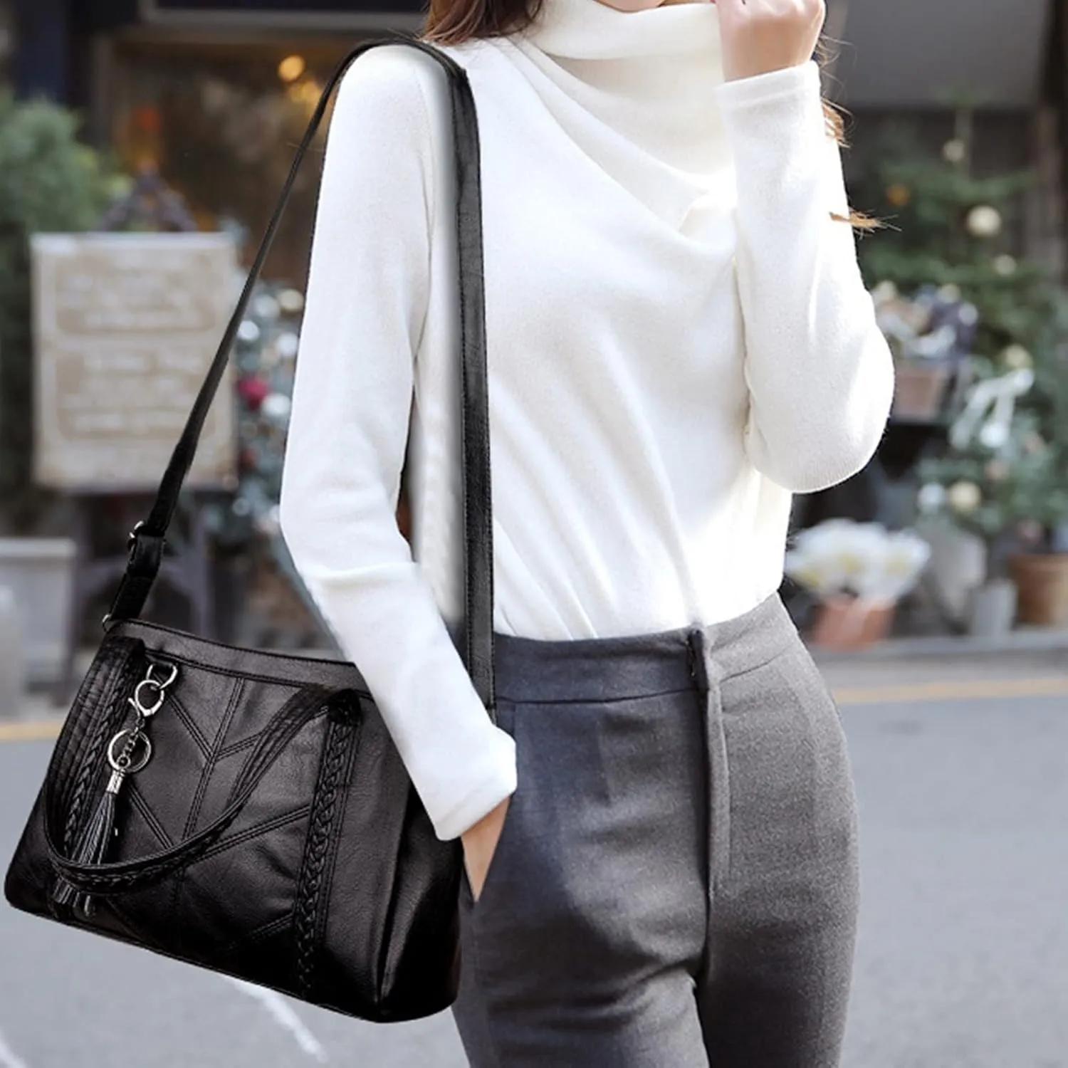 Handbags for Womens Cat Pendant PU Leather Textured Tote Bag Purse Adjustable Strap Crossbody Zipper Satchel Bags