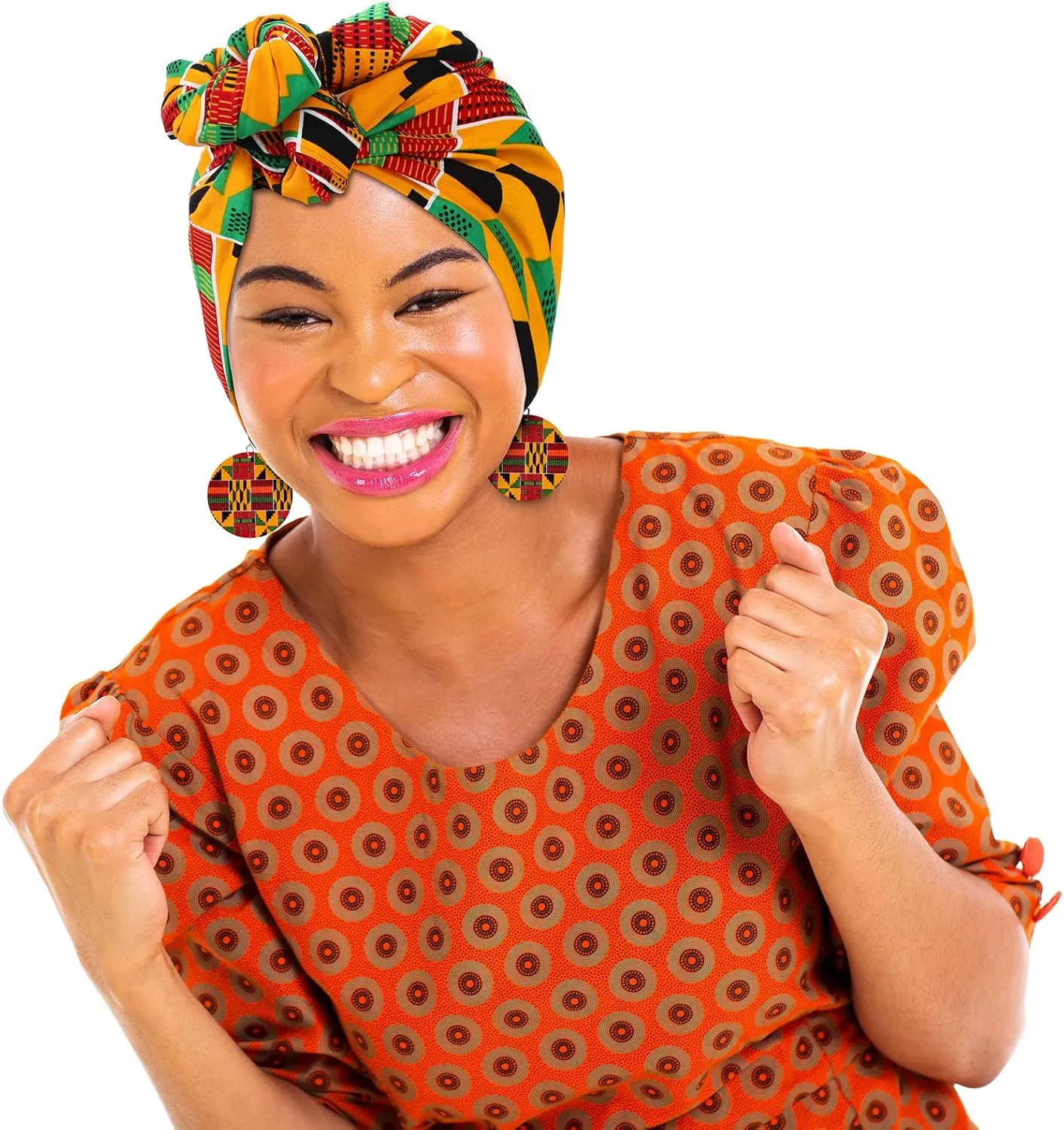 Haysandy 3 Pcs Women African Printed Maxi Skirt with Pockets Set Casual Stretch Head Wrap Scarf Drop Dangle Earrings