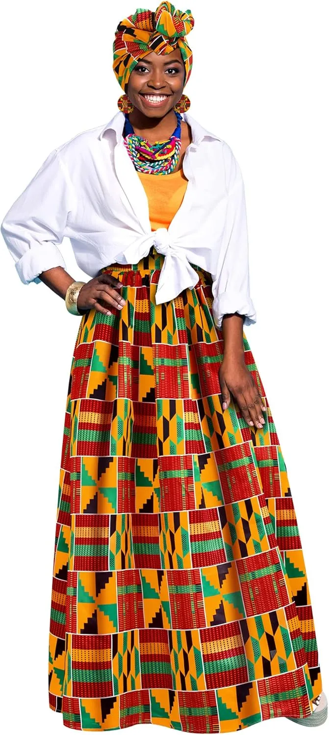 Haysandy 3 Pcs Women African Printed Maxi Skirt with Pockets Set Casual Stretch Head Wrap Scarf Drop Dangle Earrings