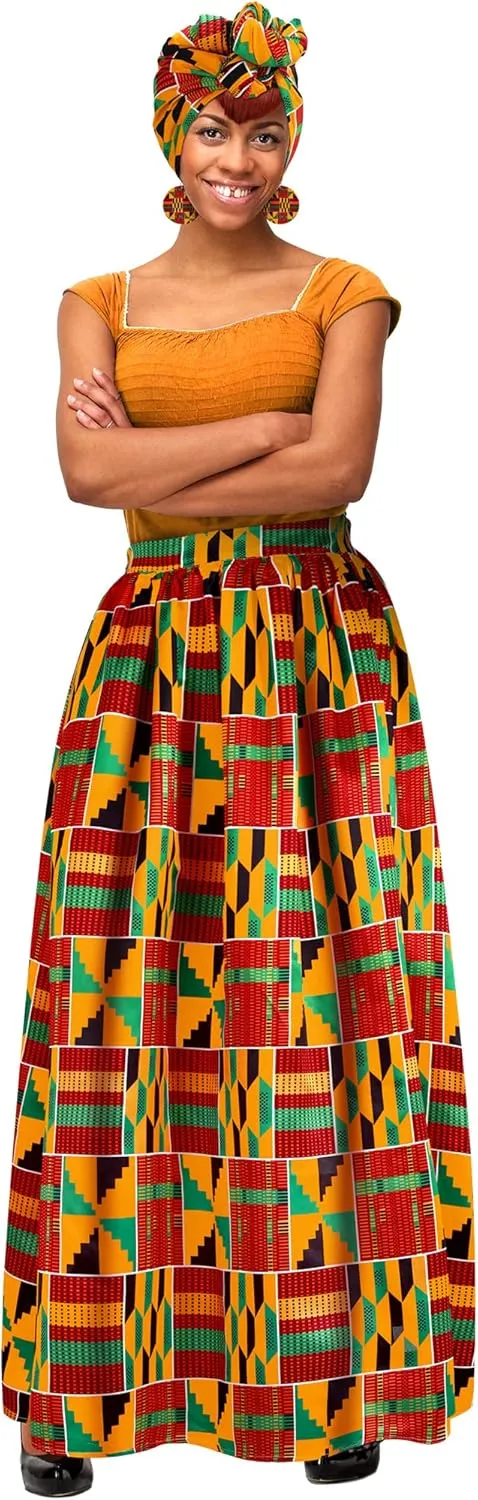 Haysandy 3 Pcs Women African Printed Maxi Skirt with Pockets Set Casual Stretch Head Wrap Scarf Drop Dangle Earrings