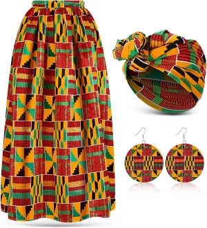 Haysandy 3 Pcs Women African Printed Maxi Skirt with Pockets Set Casual Stretch Head Wrap Scarf Drop Dangle Earrings