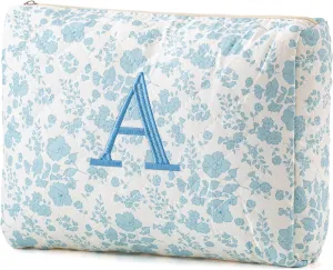 HBselect Initial Makeup Bag, Quilted Makeup Bag, Cotton Large Travel Makeup Bag, Cute Floral Coquette Make up Bag Cosmetic Bag Toiletry Bag for Women Girls A
