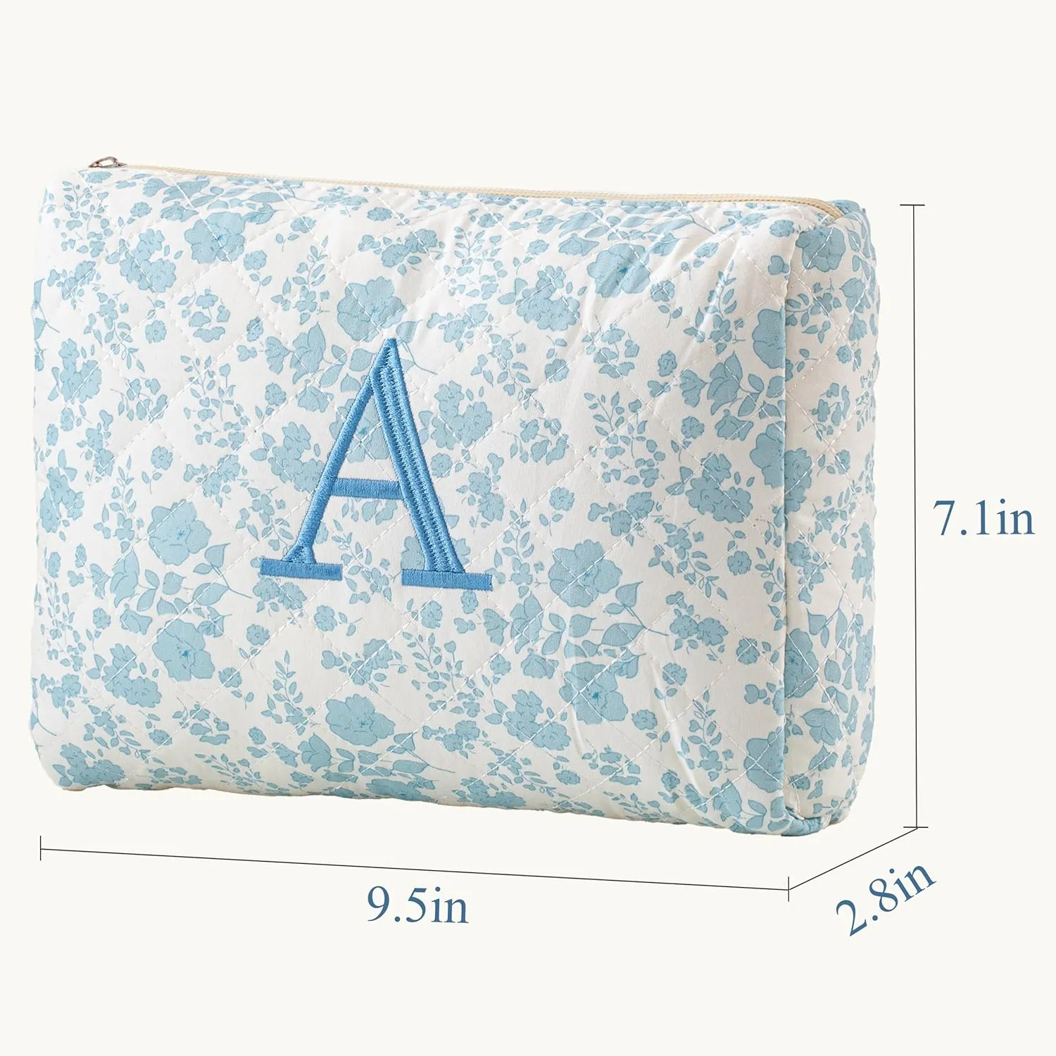 HBselect Initial Makeup Bag, Quilted Makeup Bag, Cotton Large Travel Makeup Bag, Cute Floral Coquette Make up Bag Cosmetic Bag Toiletry Bag for Women Girls A