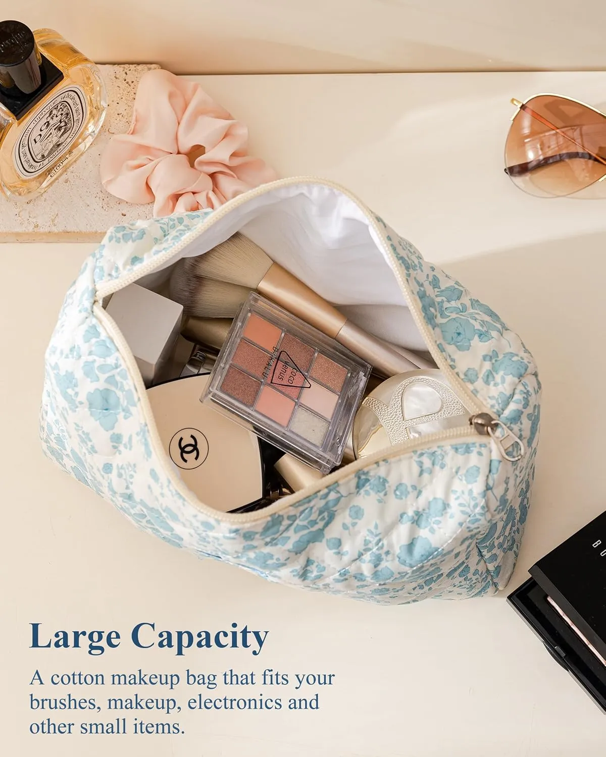 HBselect Initial Makeup Bag, Quilted Makeup Bag, Cotton Large Travel Makeup Bag, Cute Floral Coquette Make up Bag Cosmetic Bag Toiletry Bag for Women Girls A