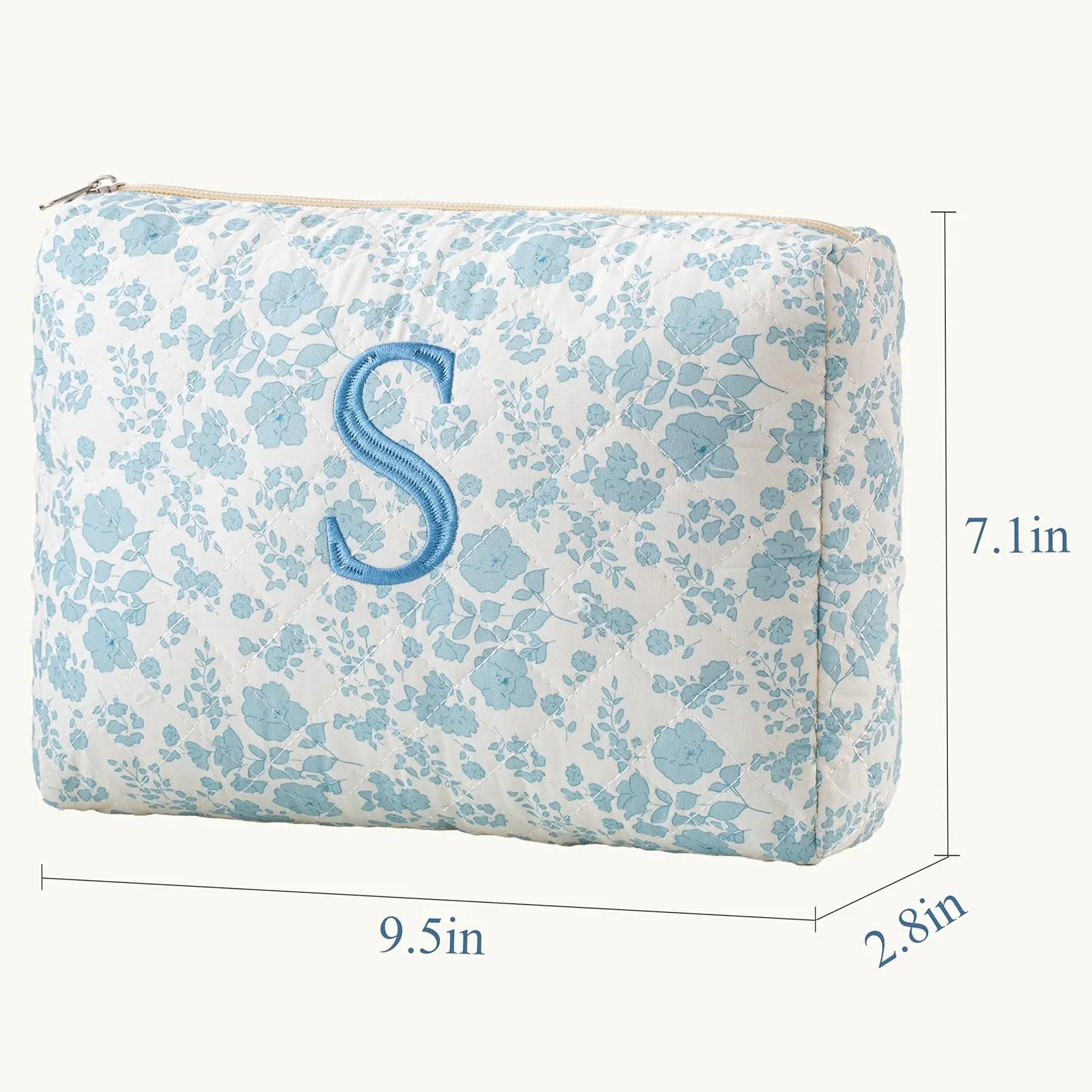 HBselect Initial Makeup Bag, Quilted Makeup Bag, Cotton Large Travel Makeup Bag, Cute Floral Coquette Make up Bag Cosmetic Bag Toiletry Bag for Women Girls S