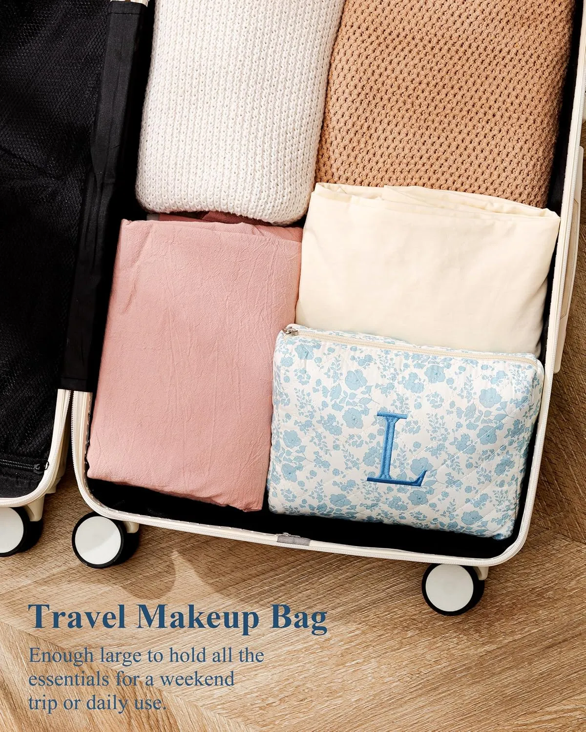 HBselect Initial Makeup Bag, Quilted Makeup Bag, Cotton Large Travel Makeup Bag, Cute Floral Coquette Make up Bag Cosmetic Bag Toiletry Bag for Women Girls S