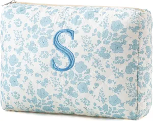 HBselect Initial Makeup Bag, Quilted Makeup Bag, Cotton Large Travel Makeup Bag, Cute Floral Coquette Make up Bag Cosmetic Bag Toiletry Bag for Women Girls S