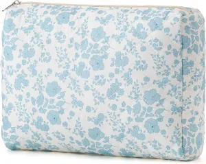 HBselect Quilted Makeup Bag, Portable Cotton Large Travel Makeup Bag, Cute Coquette Blueflowers Floral Cosmetic Bags Toiletry Bags for Women Teen Girls Mom