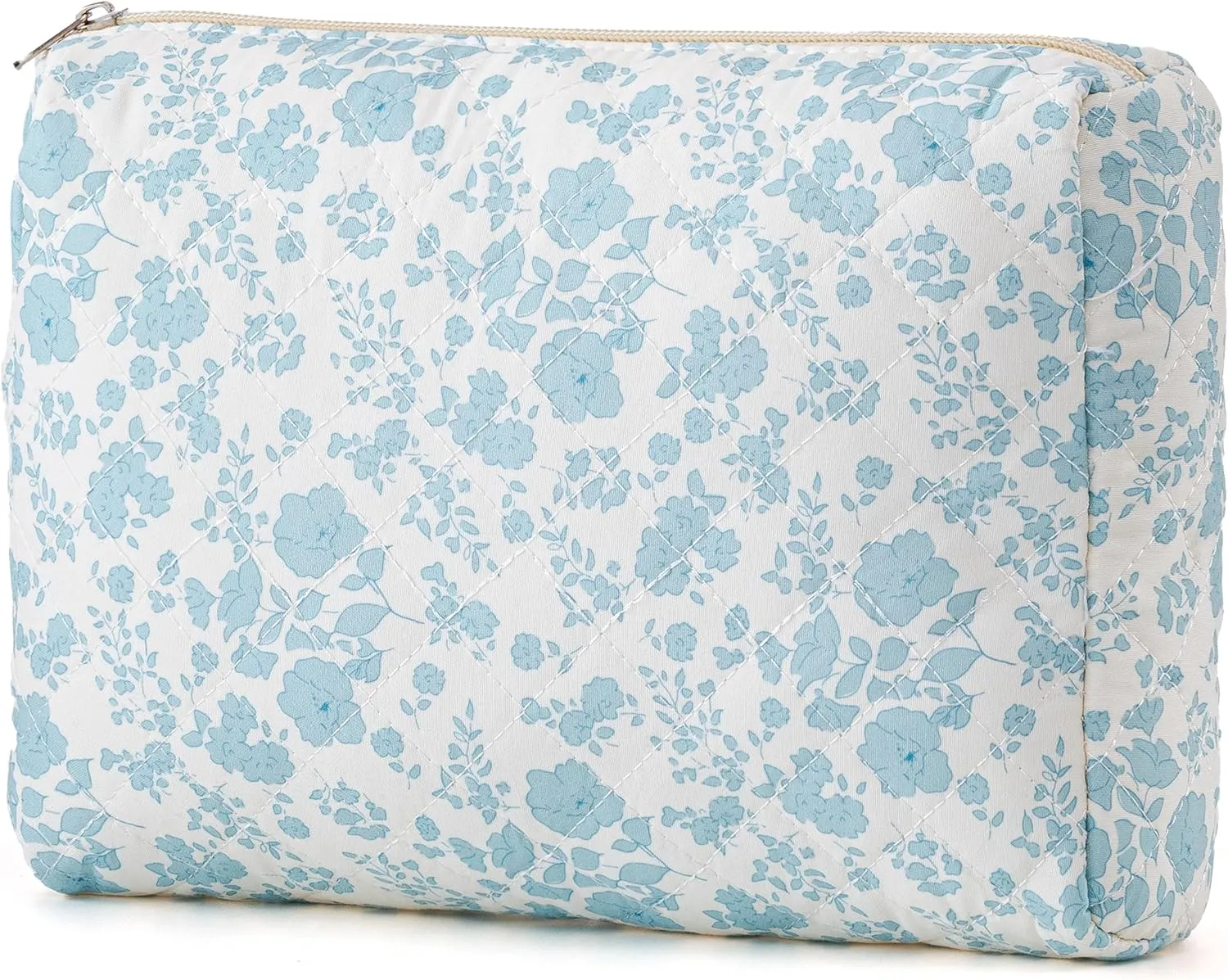 HBselect Quilted Makeup Bag, Portable Cotton Large Travel Makeup Bag, Cute Coquette Blueflowers Floral Cosmetic Bags Toiletry Bags for Women Teen Girls Mom