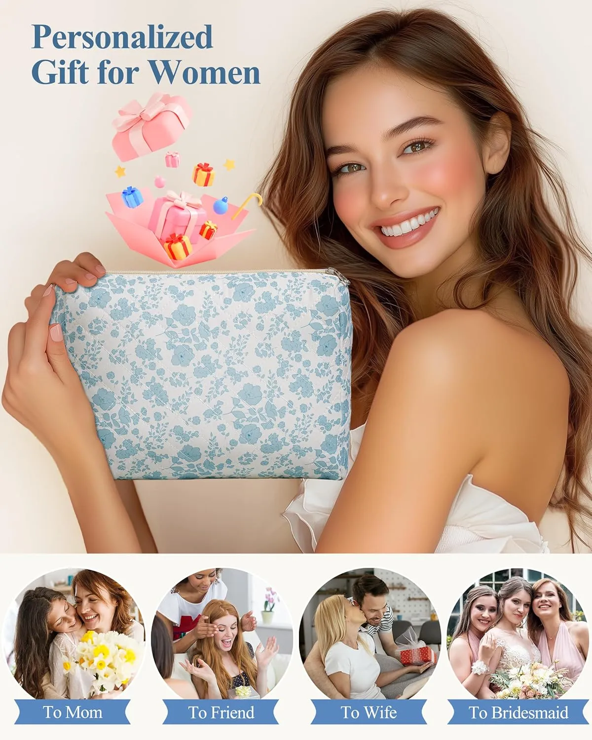 HBselect Quilted Makeup Bag, Portable Cotton Large Travel Makeup Bag, Cute Coquette Blueflowers Floral Cosmetic Bags Toiletry Bags for Women Teen Girls Mom