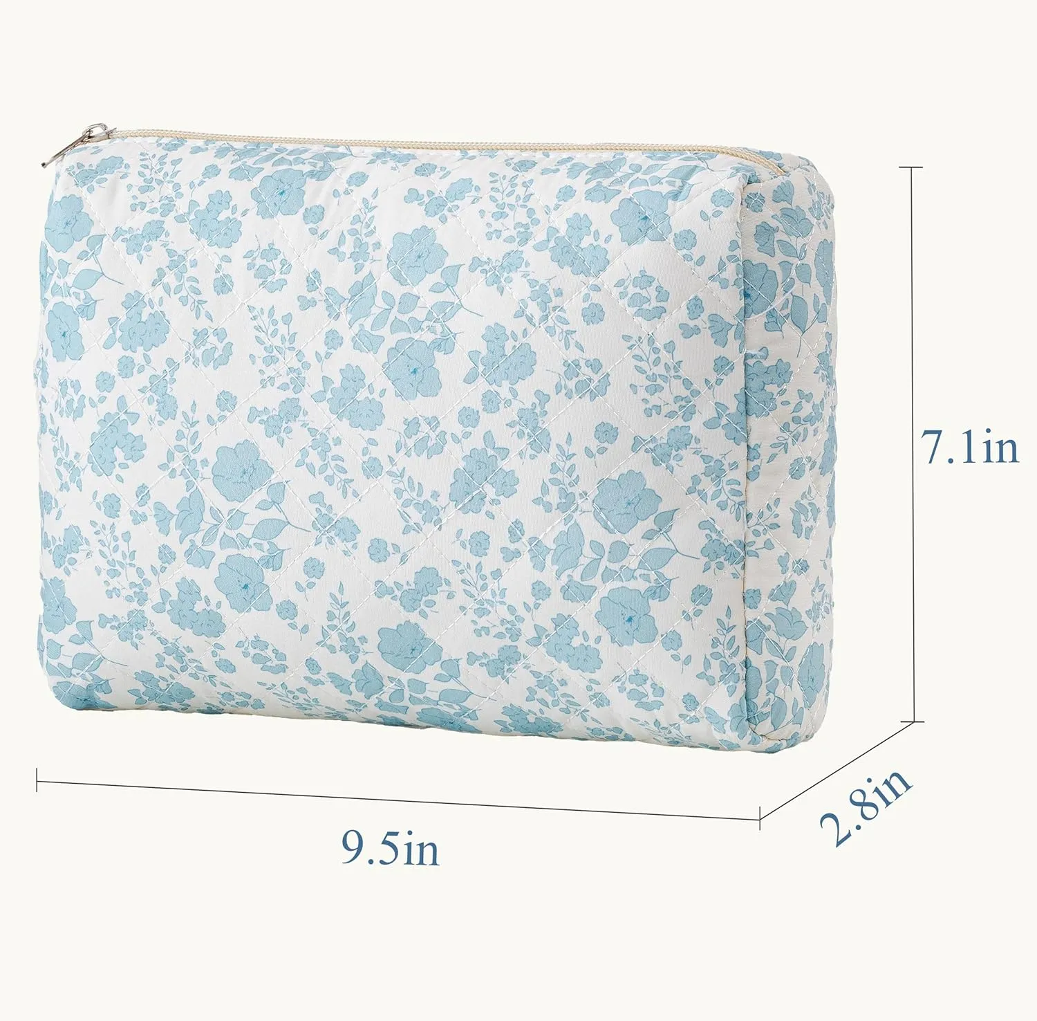 HBselect Quilted Makeup Bag, Portable Cotton Large Travel Makeup Bag, Cute Coquette Blueflowers Floral Cosmetic Bags Toiletry Bags for Women Teen Girls Mom