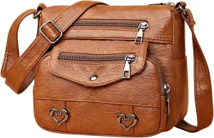 Heart Decor Crossbody Bag Vintage PU Leather Shoulder Bag Women Pockets Purse Messenger Bags for (Brown, One Size)