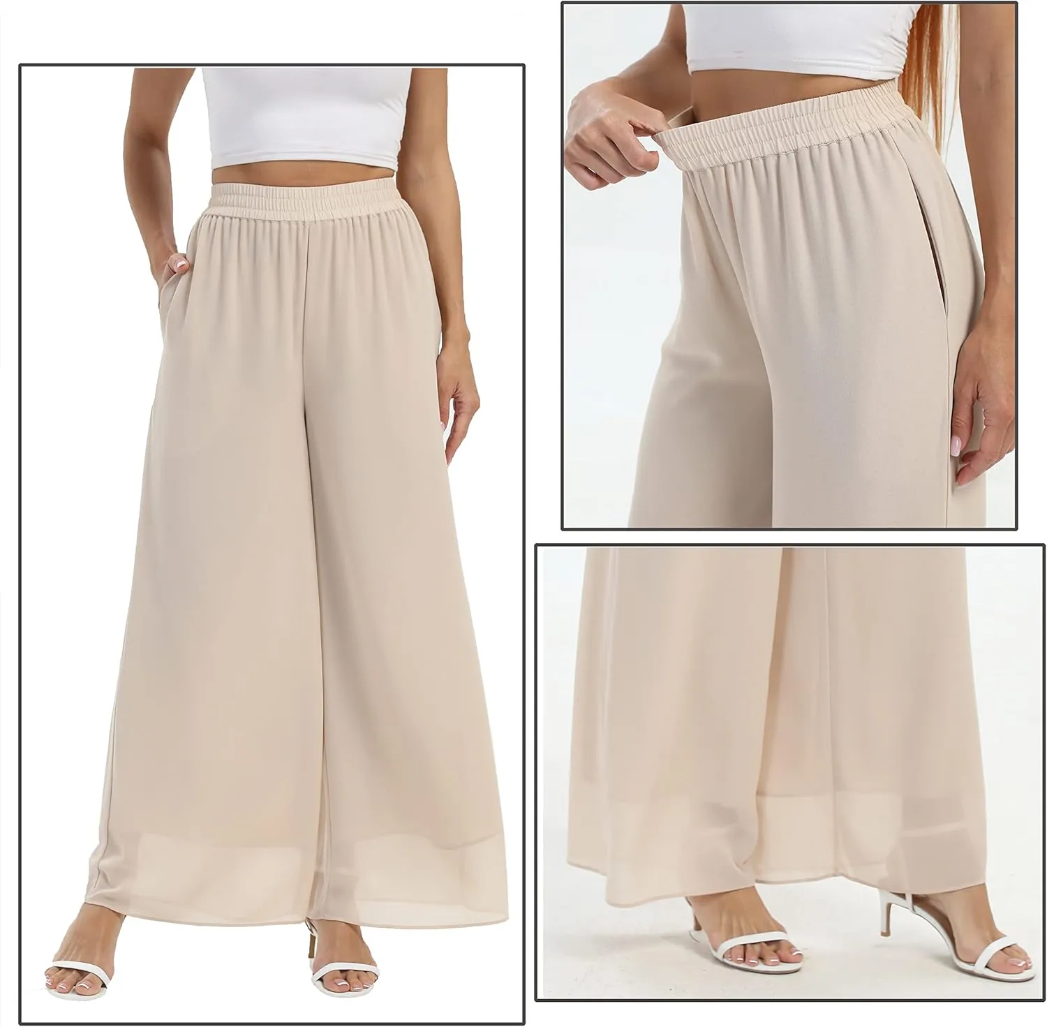 heipeiwa Women's Chiffon Dress Beach Wide Leg Palazzo Pants Elastic Waist Trouser