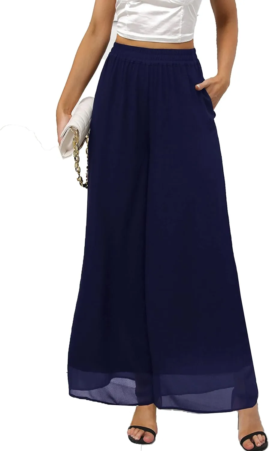 heipeiwa Women's Chiffon Dress Beach Wide Leg Palazzo Pants Elastic Waist Trouser