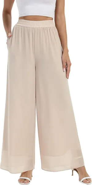 heipeiwa Women's Chiffon Dress Beach Wide Leg Palazzo Pants Elastic Waist Trouser