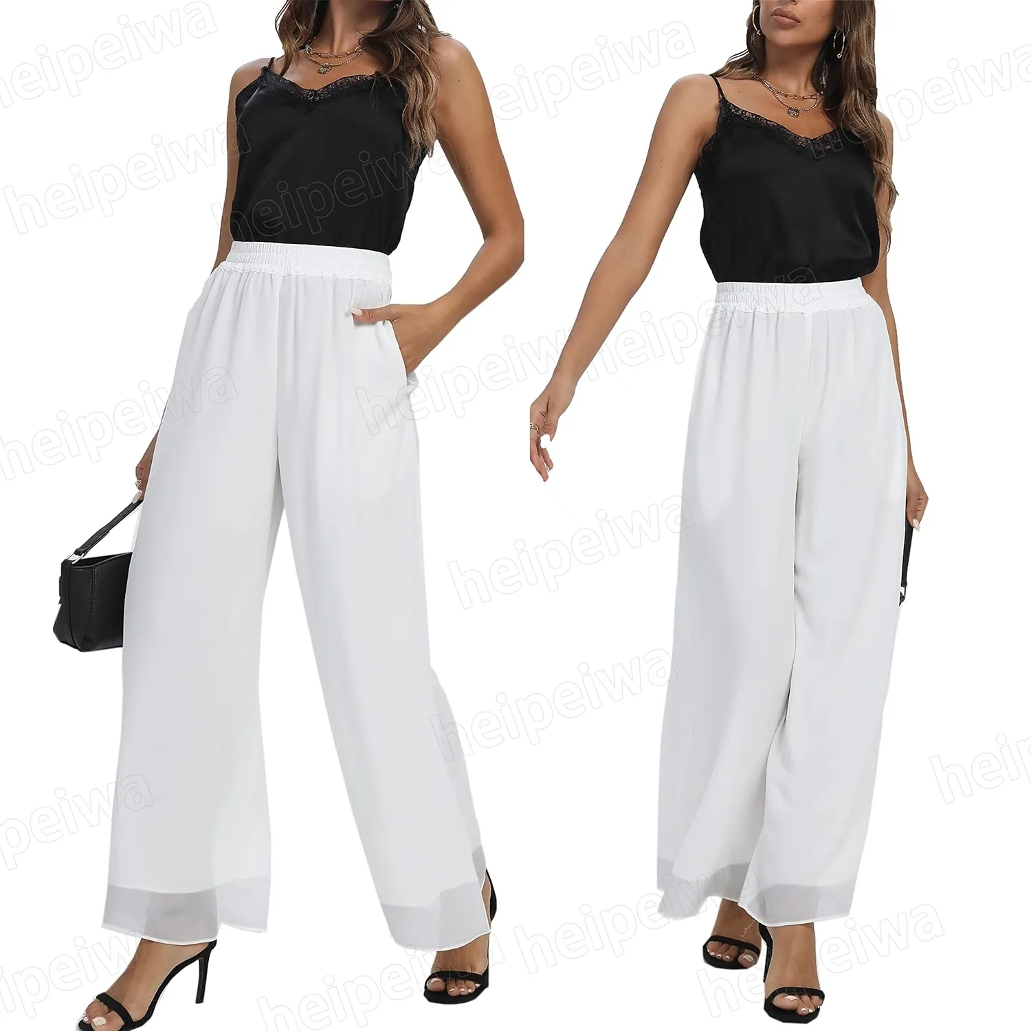 heipeiwa Women's Chiffon Dress Beach Wide Leg Palazzo Pants Elastic Waist Trouser