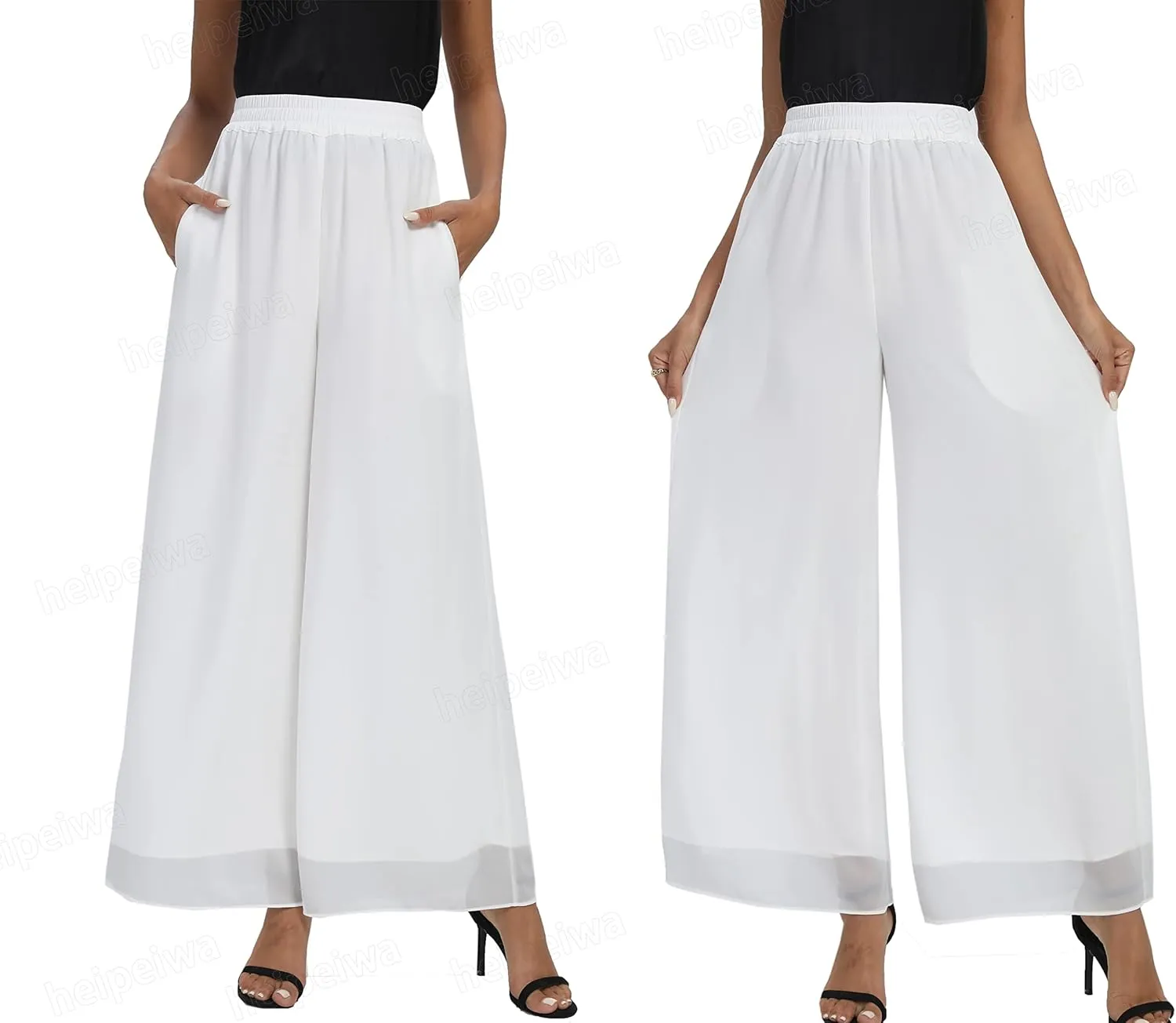 heipeiwa Women's Chiffon Dress Beach Wide Leg Palazzo Pants Elastic Waist Trouser