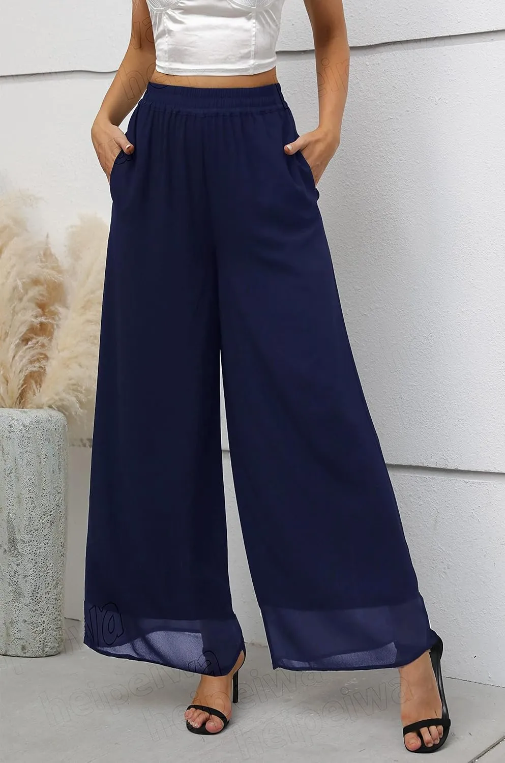heipeiwa Women's Chiffon Dress Beach Wide Leg Palazzo Pants Elastic Waist Trouser