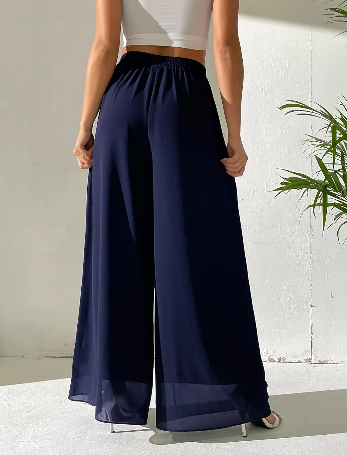 heipeiwa Women's Chiffon Dress Beach Wide Leg Palazzo Pants Elastic Waist Trouser