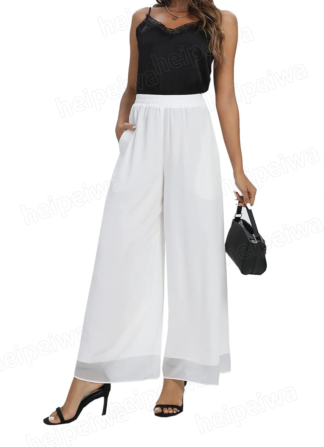 heipeiwa Women's Chiffon Dress Beach Wide Leg Palazzo Pants Elastic Waist Trouser