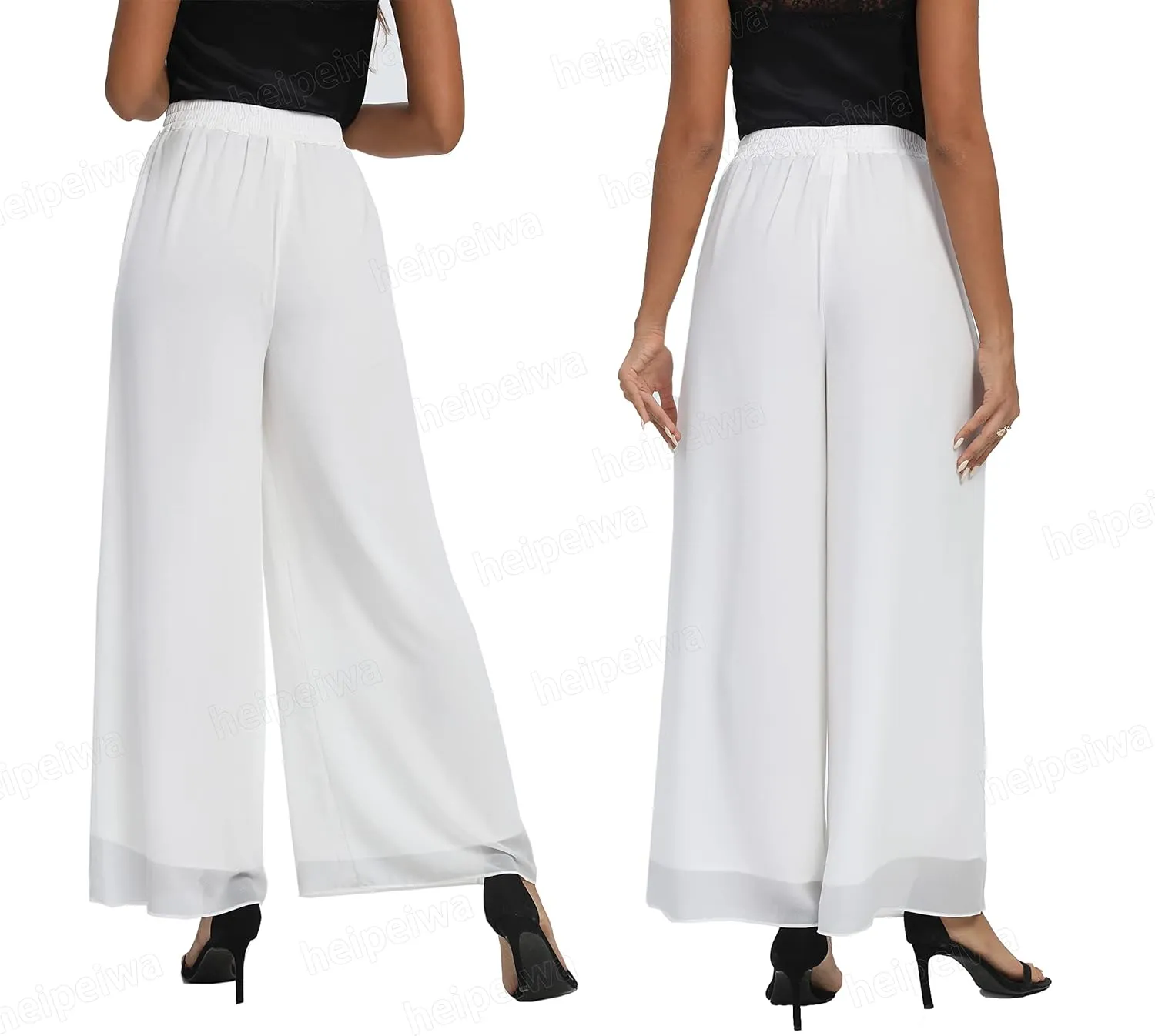 heipeiwa Women's Chiffon Dress Beach Wide Leg Palazzo Pants Elastic Waist Trouser