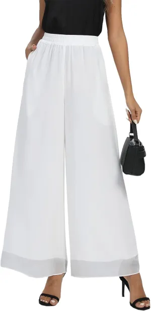 heipeiwa Women's Chiffon Dress Beach Wide Leg Palazzo Pants Elastic Waist Trouser