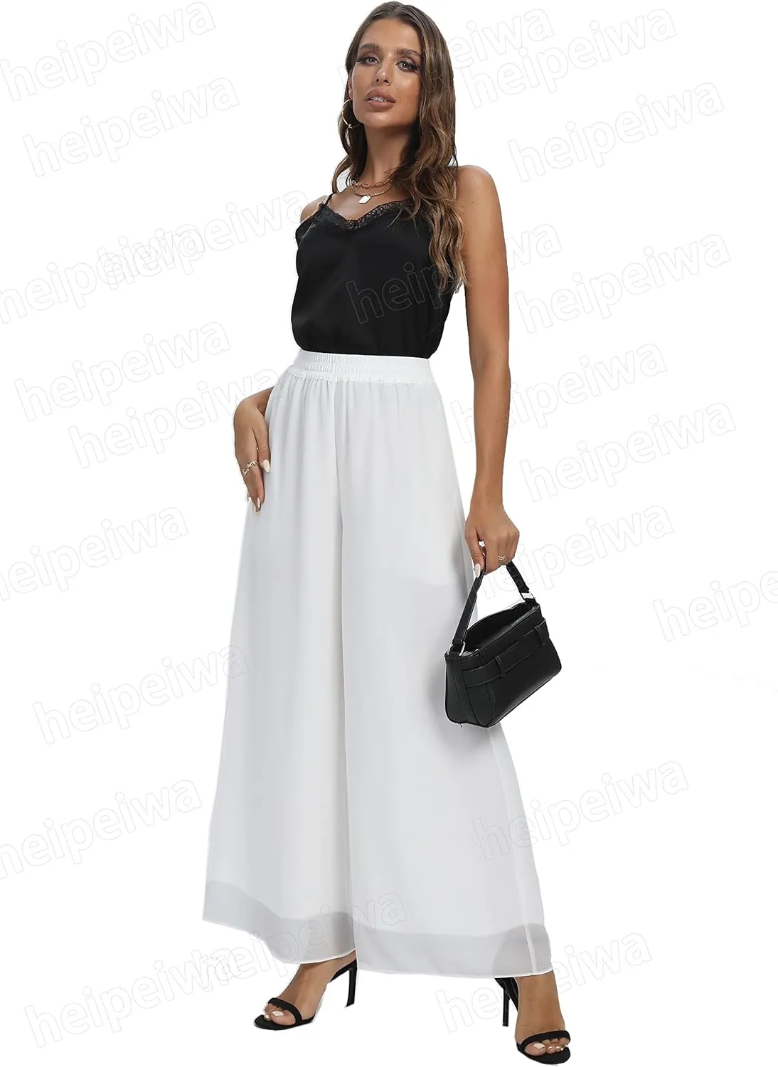 heipeiwa Women's Chiffon Dress Beach Wide Leg Palazzo Pants Elastic Waist Trouser