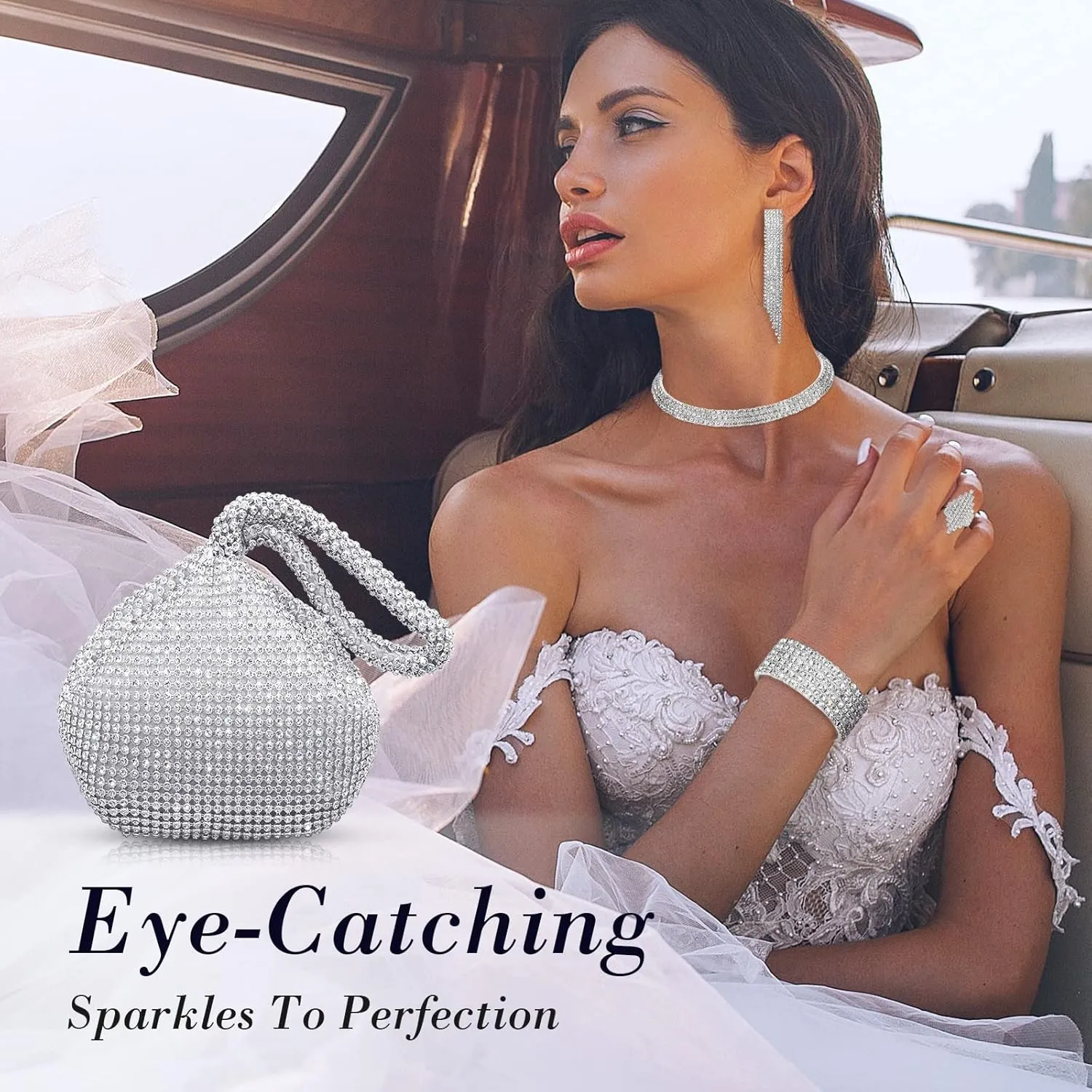 Hicarer 5 Pcs Women Crystal Jewelry Set Wedding Triangle Bling Evening Clutch Bag Glitter Rhinestone Stretch Choker Necklace Bracelet Ring Dangle Fringe Earrings for Bride and Bridesmaids