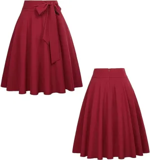 High Waisted Skirt for Women 2024 Vintage Solid Flowy Midi Skirts Tied Waist Pleated Baggy Flared Work A-Line Skirt