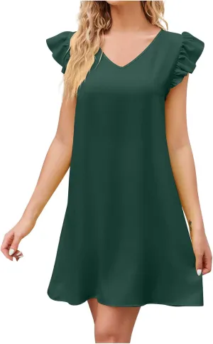 hlysgo Women Dress Trendy Summer Frill Sleeve V Neck Mini Dress Casual Loose Fit Knee Length Going Out Dresses for Teen Girl