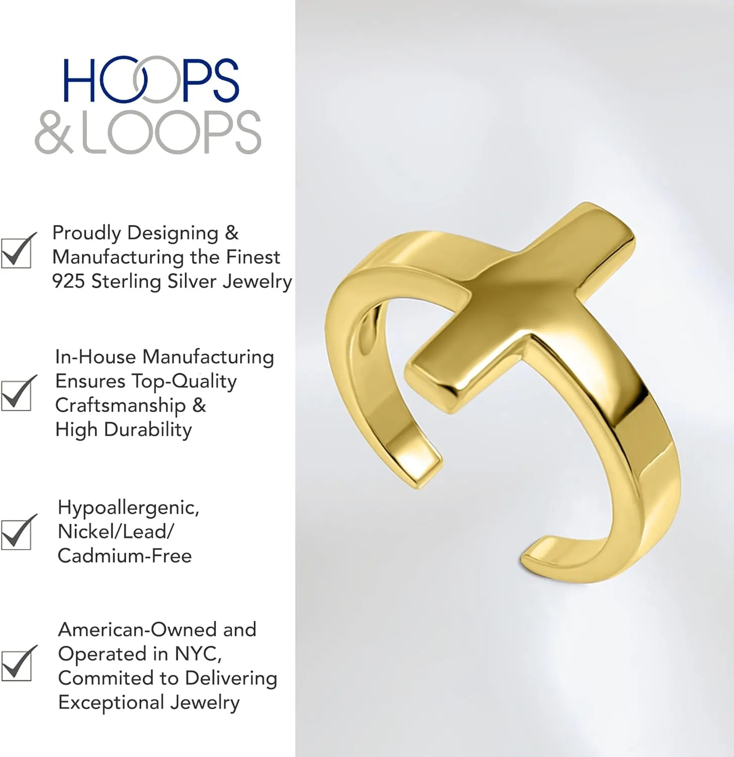 Hoops & Loops 925 Sterling Silver Cross Minimalist Open Toe Ring for Women Men