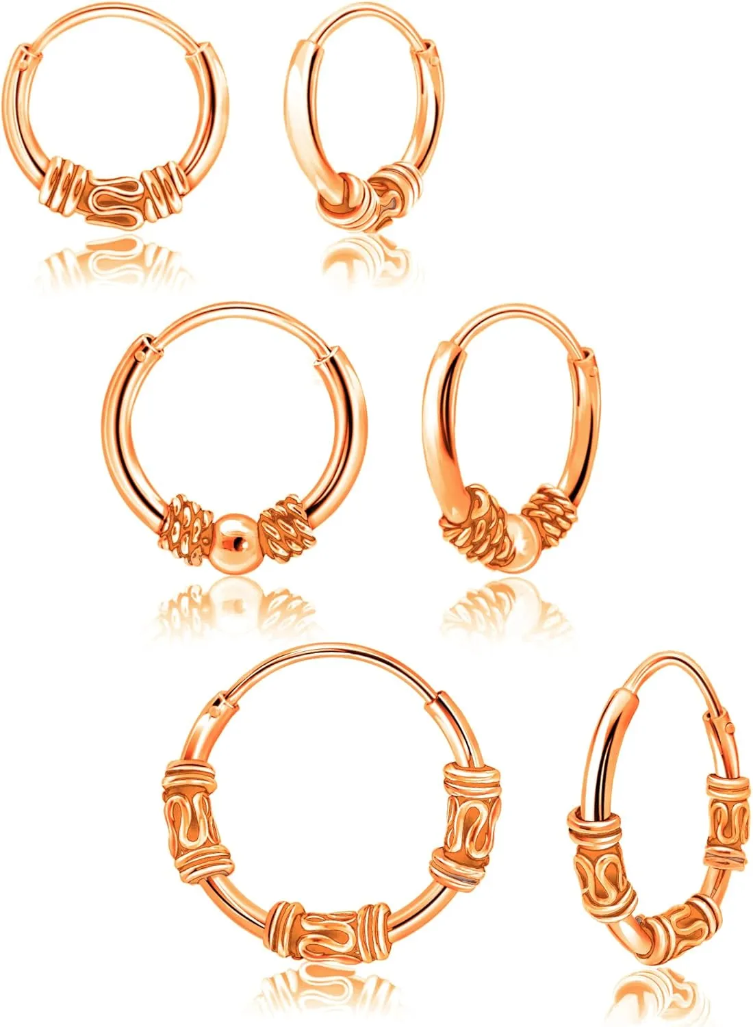 Hoops & Loops 925 Sterling Silver Set of 3 Pairs 10mm, 12mm & 14mm Bali and Bali Bead Endless Hoop Earrings for Women Men | Silver, Yellow & Rose Gold