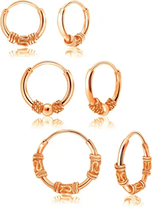 Hoops & Loops 925 Sterling Silver Set of 3 Pairs 10mm, 12mm & 14mm Bali and Bali Bead Endless Hoop Earrings for Women Men | Silver, Yellow & Rose Gold